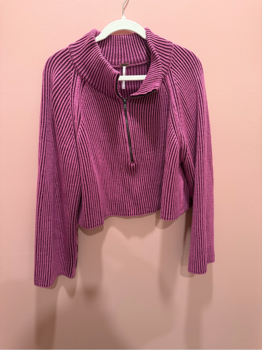 Free People Cropped Ribbed Half-Zip Sweater in Magenta